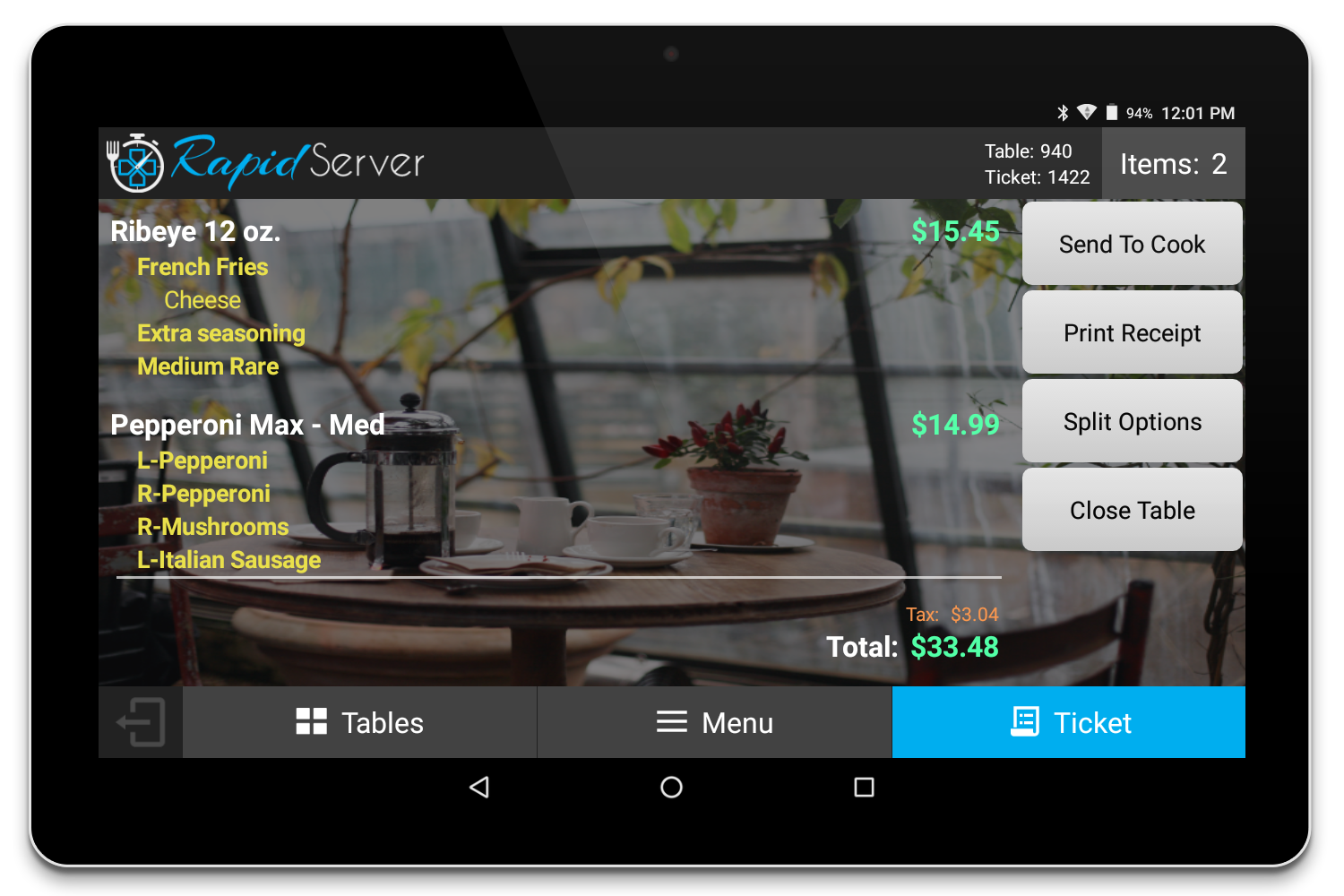Tablet screen showing RapidServer tableside ordering, part of BPA POS restaurant POS features for efficient order management.