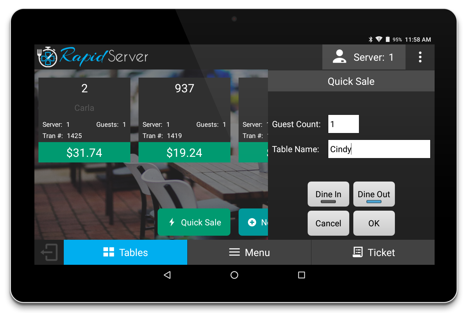 RapidServer Create New Table Screen
