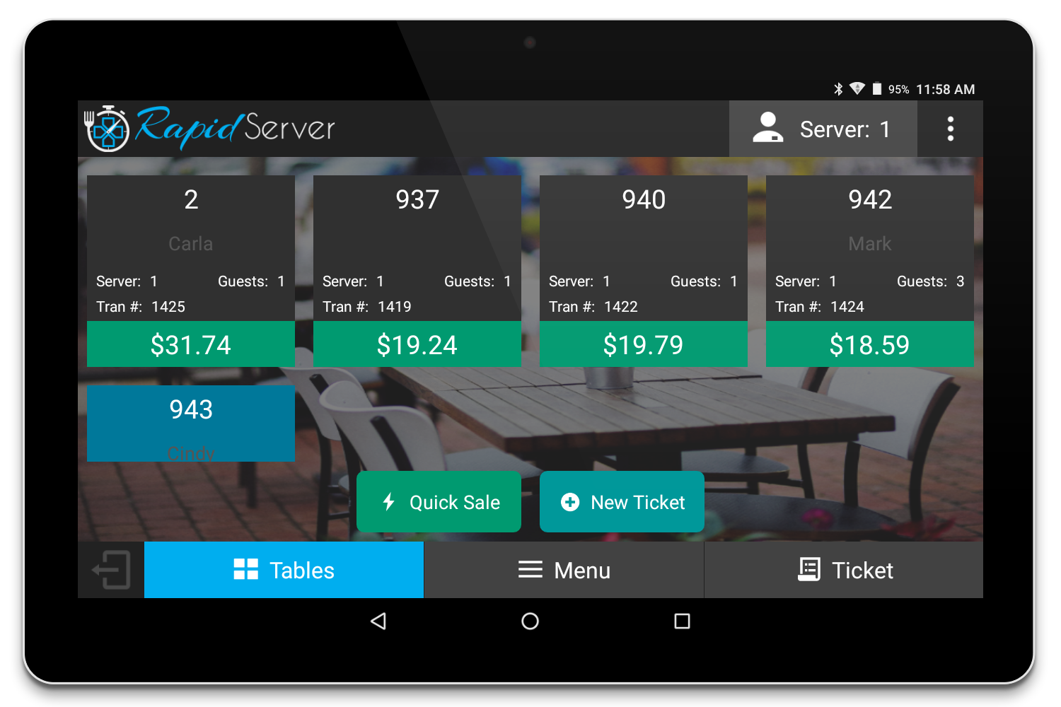 RapidServer Select Table Screen