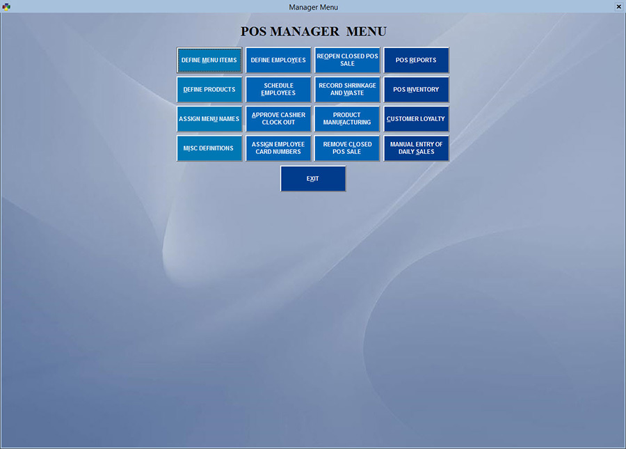 POS Manager Menu showcasing options for managing employees, inventory, sales, reports, and customer loyalty programs.
