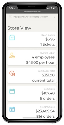 Mobile view of the BPA POS storeview reporting dashboard displaying open orders, labor totals, daily sales, and monthly sales summaries.