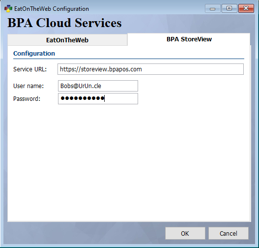 Screenshot of the BPA POS cloud services setup showing the Storeview configuration fields for service URL, username, and password.