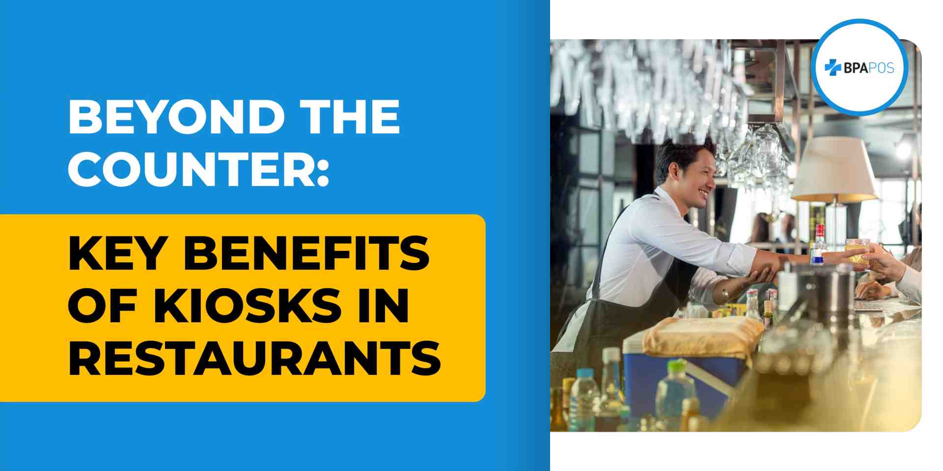 A smiling restaurant employee serves a drink across the counter, representing the key benefits of kiosks in restaurants for efficiency and service.