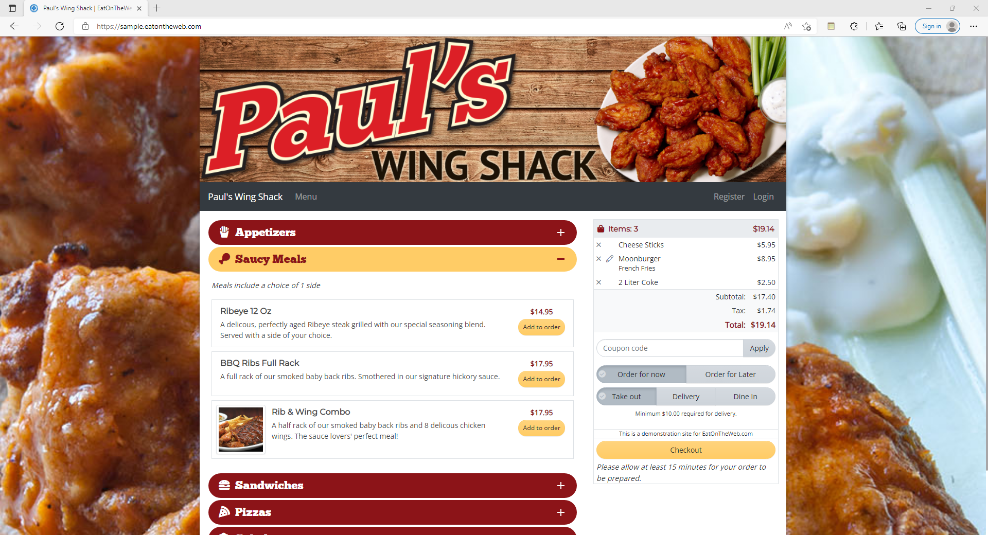 Screenshot of Paul's Wing Shack commission free online ordering for restaurants, showing appetizer menu items, prices, and checkout options.