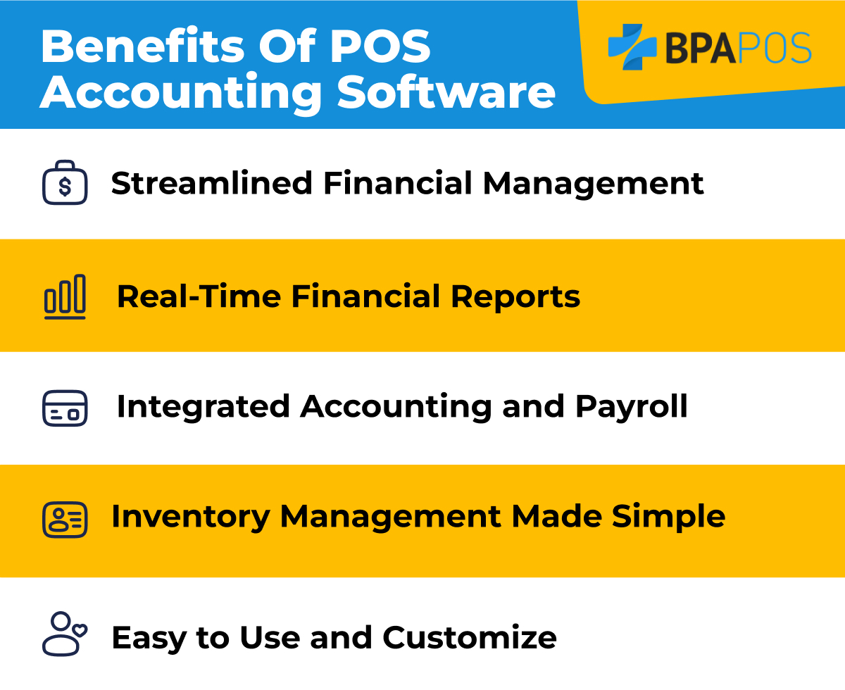 Key benefits of BPA POS Accounting Software: Streamlined financial management, real-time reports, and easy inventory management.