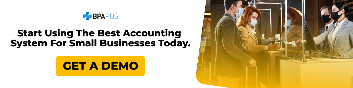 Start Using the Best Accounting System for Small Businesses Today - Get a Demo Banner with the BPA POS logo, encouraging users to start using the best accounting system for small businesses today, featuring a ‘Get a Demo’ button.