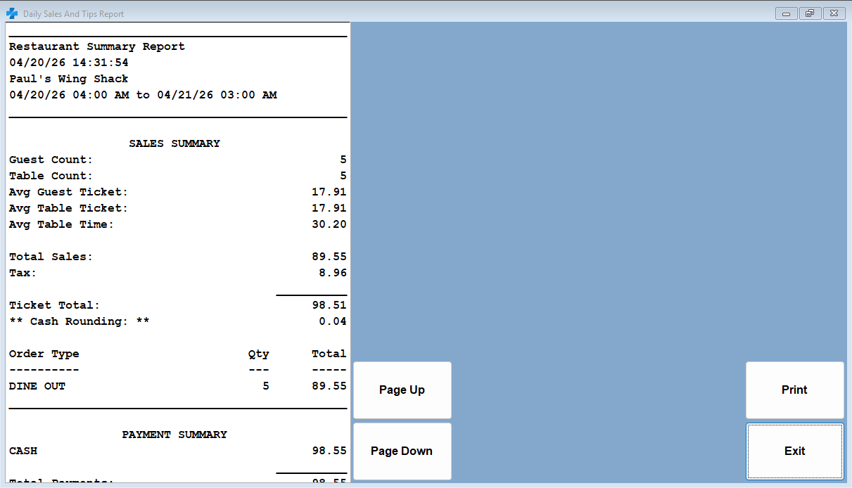 Cash Rounding Daily Sales and Tips Report