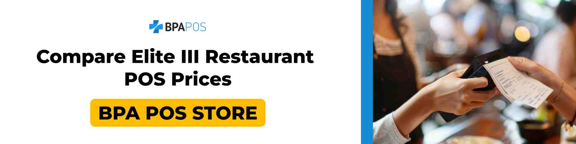 Banner: 'Compare Elite III Restaurant POS Prices' with payment image and CTA to BPA POS Store; Restaurant POS pricing