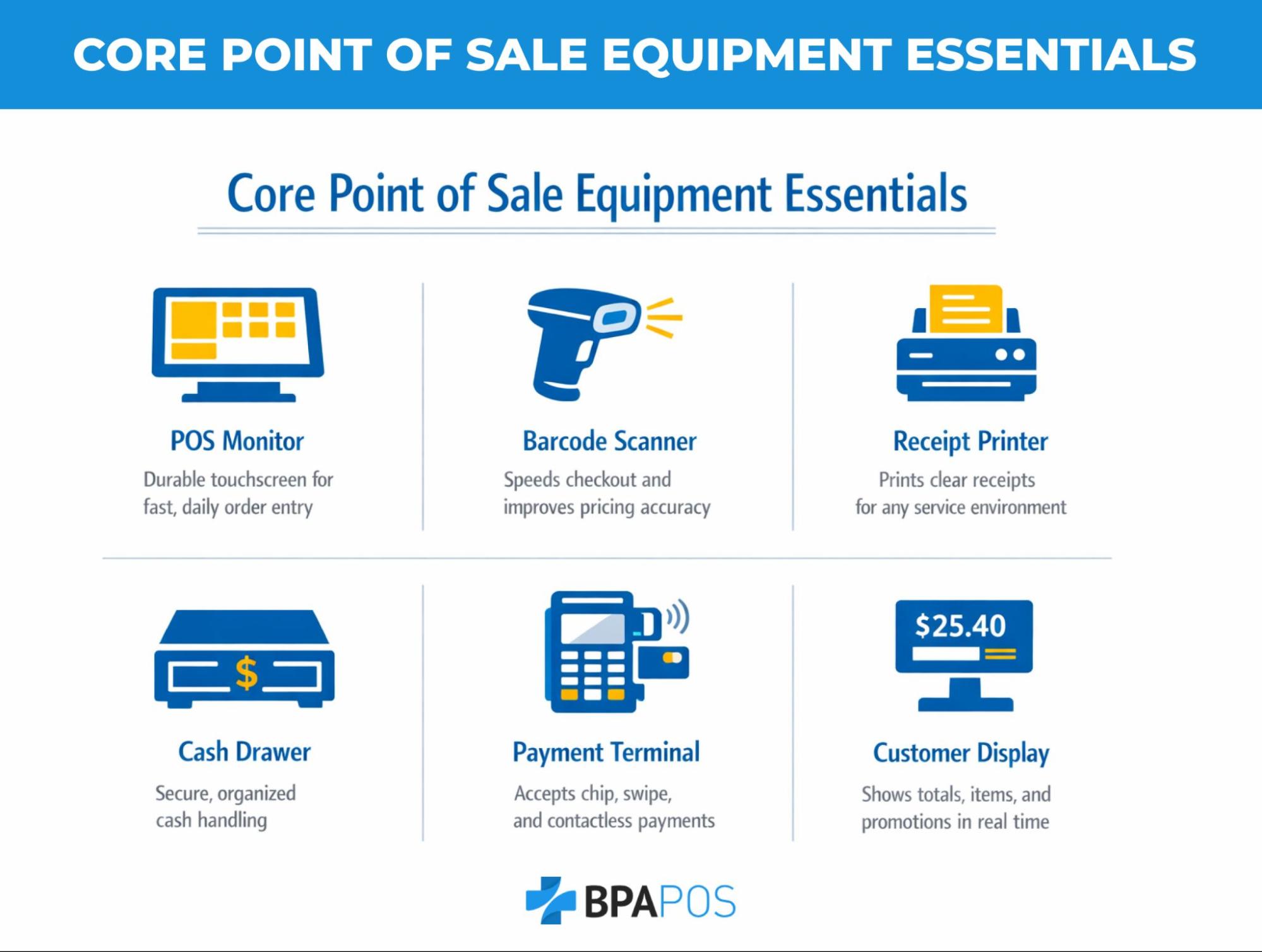 Infographic showing core point of sales equipment including POS monitor, barcode scanner, receipt printer, and payment terminal.