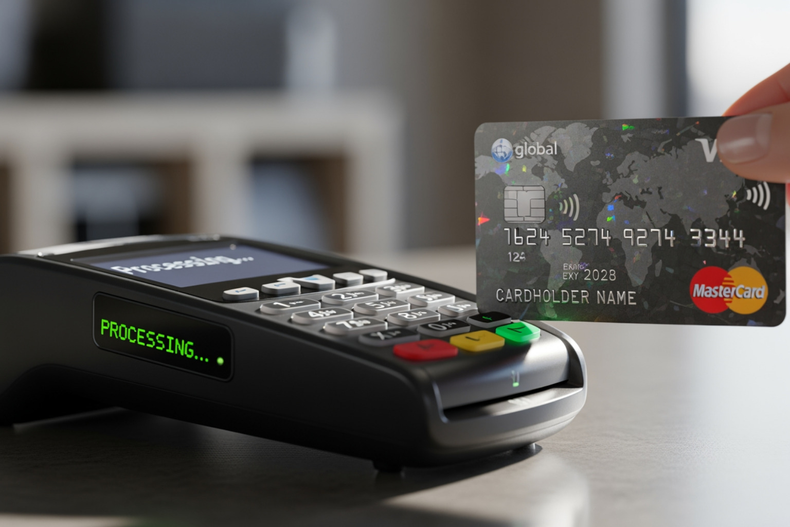 Close-up image of a credit card being tapped on a payment terminal during transaction, illustrating BPA POS credit card processing for businesses.