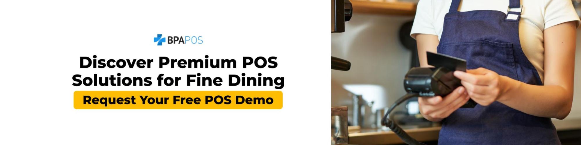 Server using a handheld payment terminal at checkout, showcasing fine dining pos software for secure tableside payments and service.