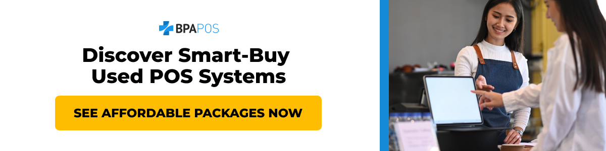 Customer completing a sale on a touchscreen POS system, promoting BPA's affordable used point of sale system packages.