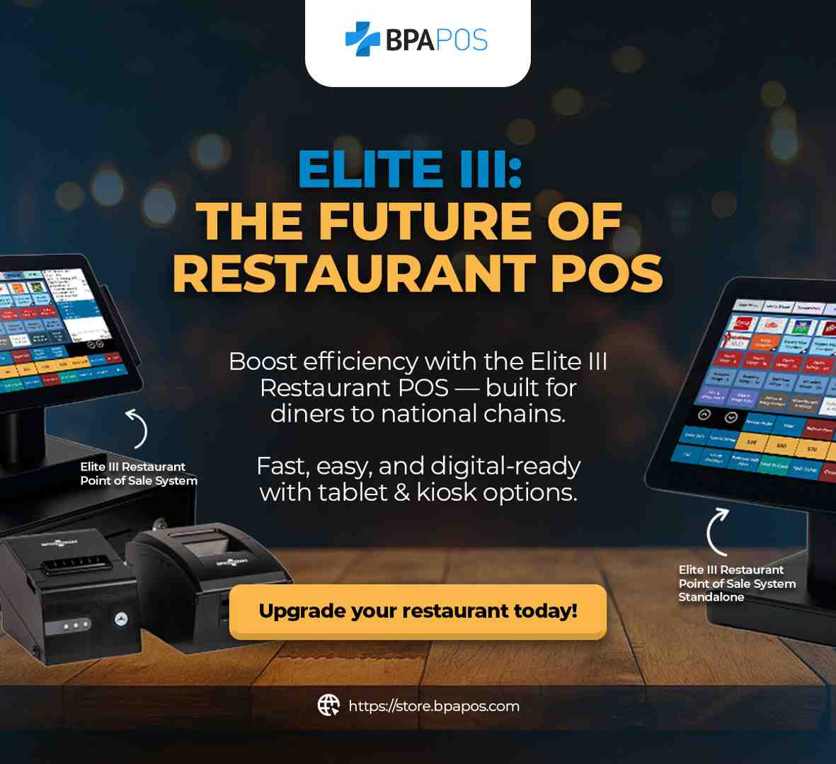 Poster of Elite III restaurant POS with tablet and kiosk options; upgrade prompt and clear Restaurant POS pricing.