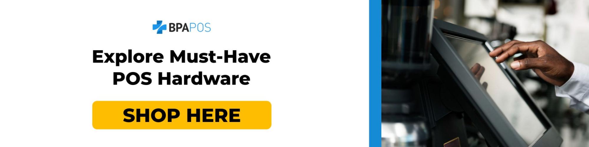 CTA banner showing a person using a touchscreen POS terminal with text promoting BPA POS hardware solutions and a &ldquo;Shop Here&rdquo; button.