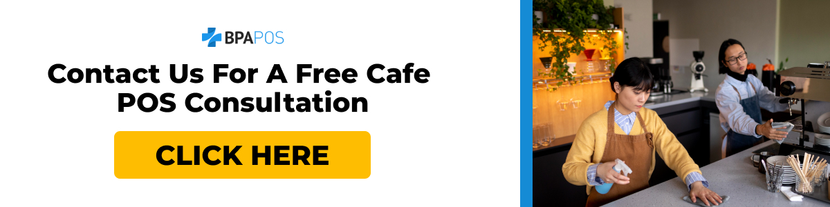 Contact Us for a Free Cafe POS Consultation Free cafe POS consultation offer with a clickable button and an image of baristas working in a modern cafe.