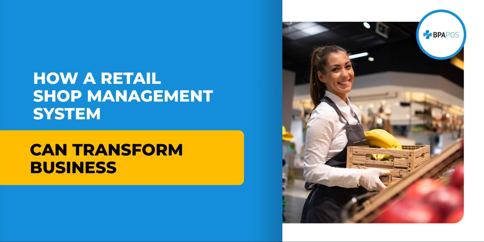 Retail shop management system shown in use by a store employee handling fresh produce, highlighting inventory control, sales tracking, and daily retail operations
