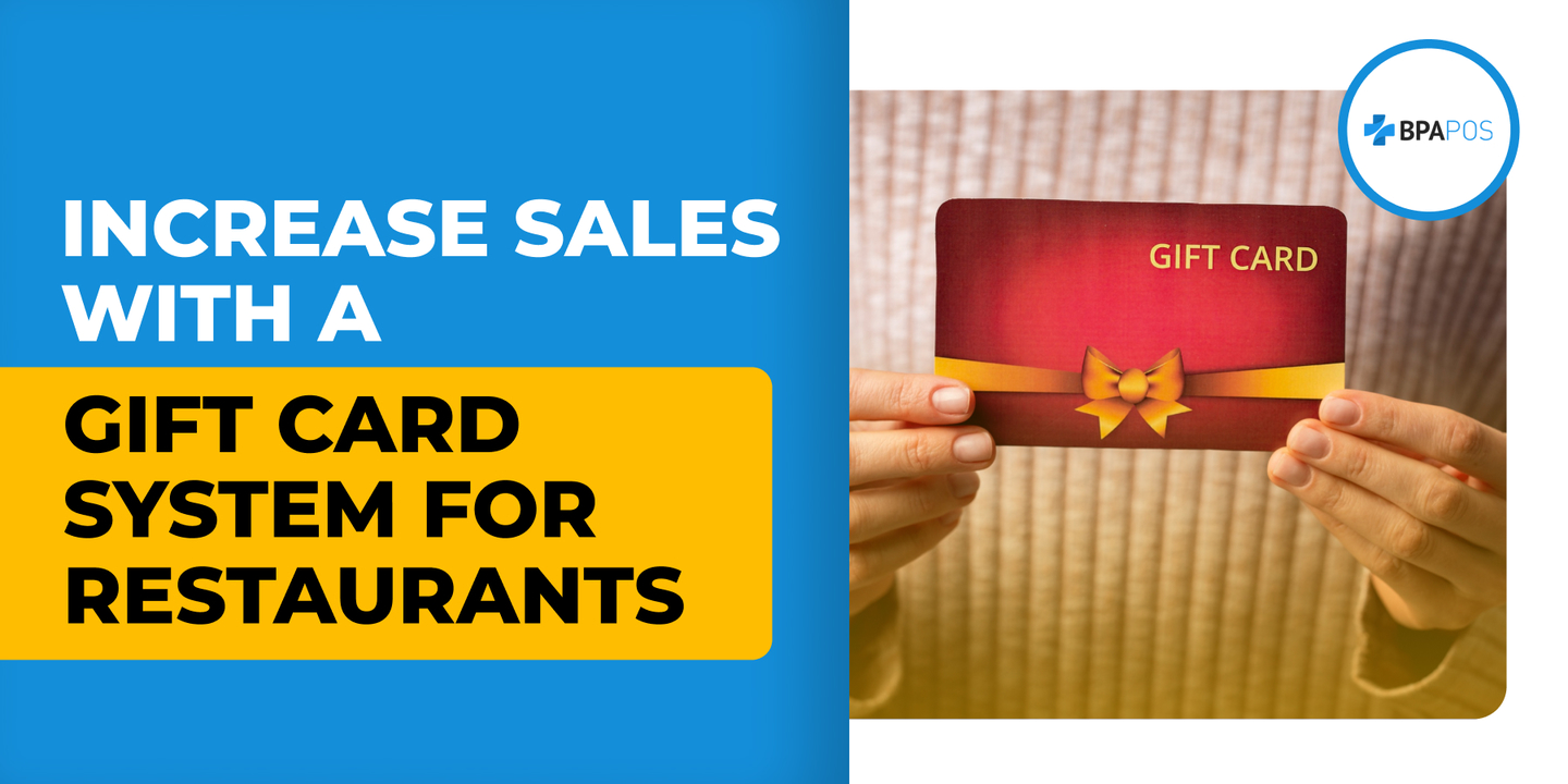 Increase Revenue and Loyalty with a Gift Card System for Restaurants Restaurant gift card system featuring a person holding a vibrant red gift card with a yellow bow, symbolizing increased sales and customer loyalty.