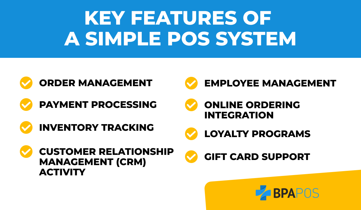 Key Features of a Simple POS System Key features of a simple POS system, including order management, payment processing, and employee management.