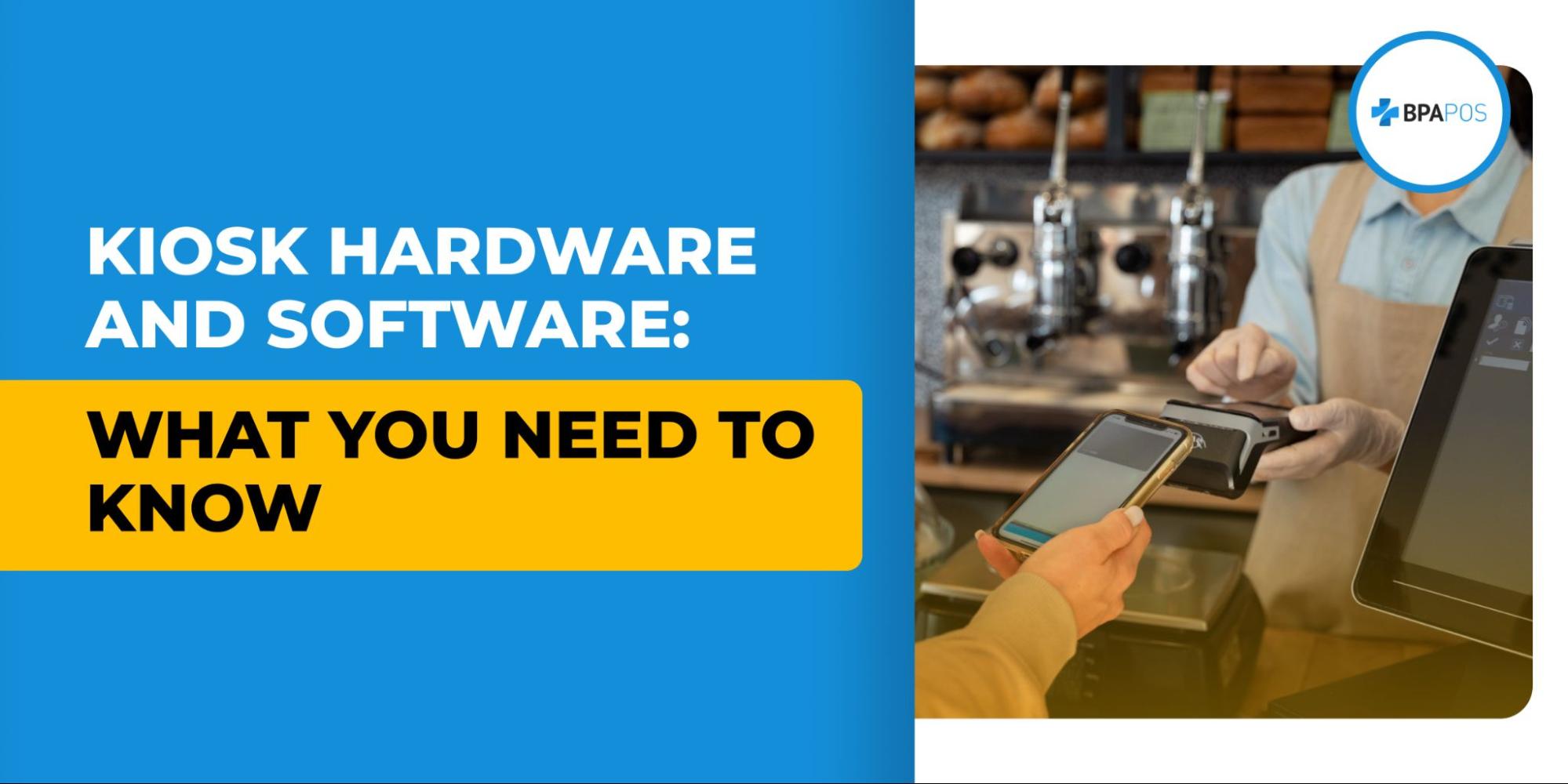 Customer making a contactless payment on a touchscreen kiosk terminal, representing BPA POS kiosk hardware software for seamless ordering and checkout