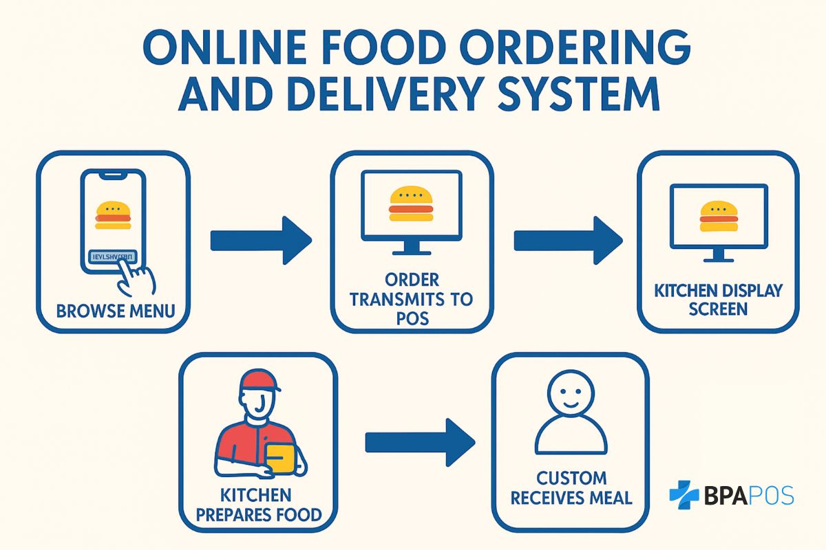 Infographic showing the process of an online food ordering and delivery system from browsing the menu to order transmission, kitchen prep, and meal delivery.
