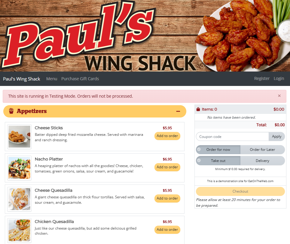 Paul's Wing Shack restaurant online ordering system demo Screenshot of Paul's Wing Shack restaurant online ordering system demo showing appetizers menu, prices, and checkout options.