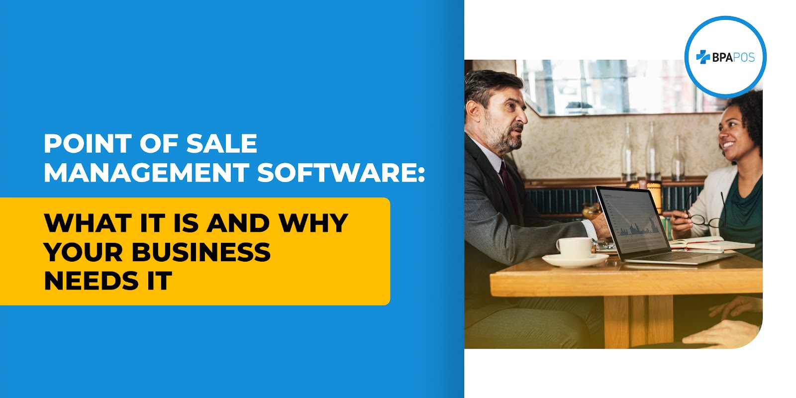 Professionals review sales analytics on a laptop during a business meeting while discussing Point of Sale Management Software options.