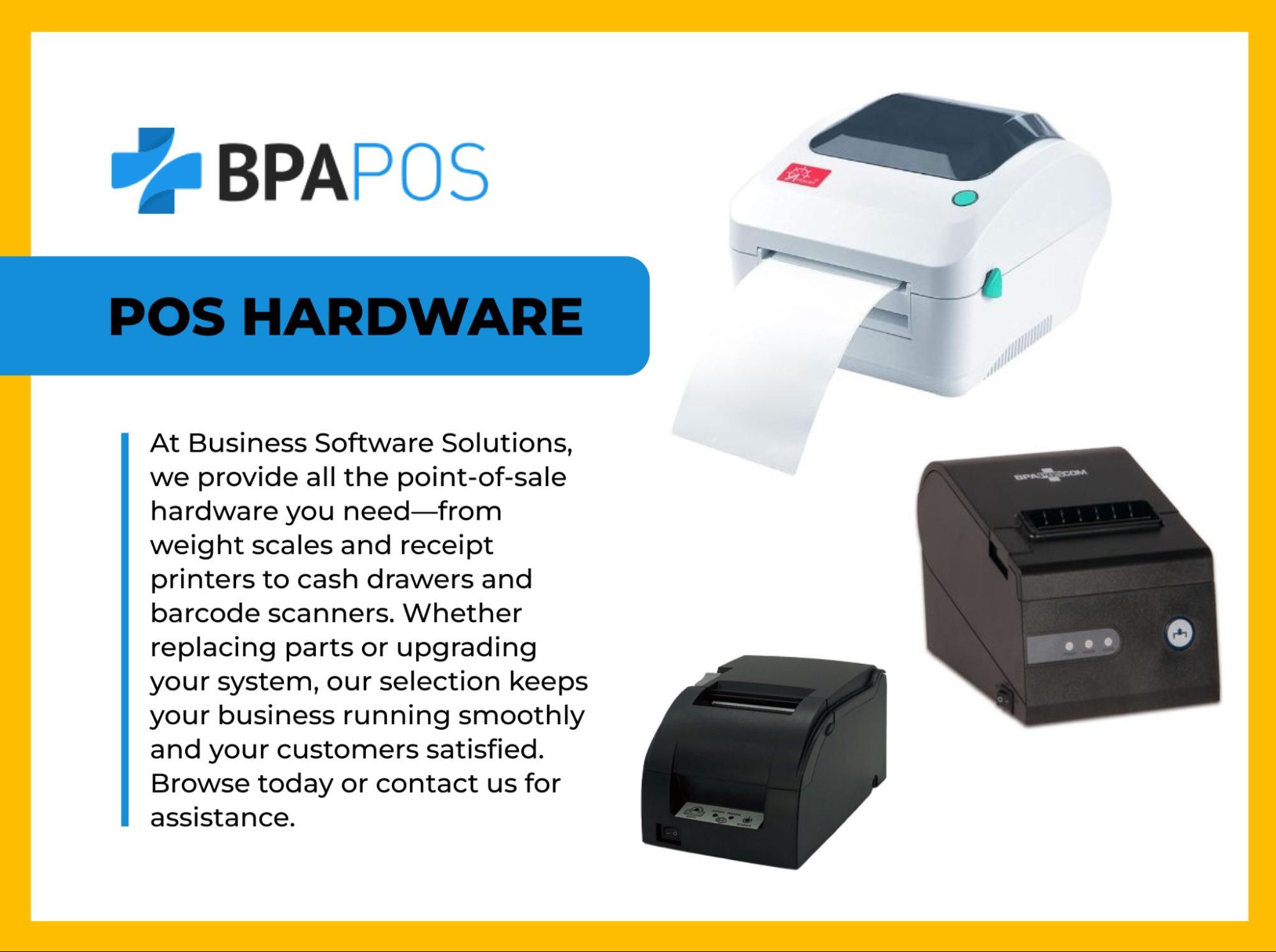 Promotional graphic from BPA POS showcasing POS hardware options like receipt printers and scales, with text highlighting reliable business hardware solutions for smooth operations.