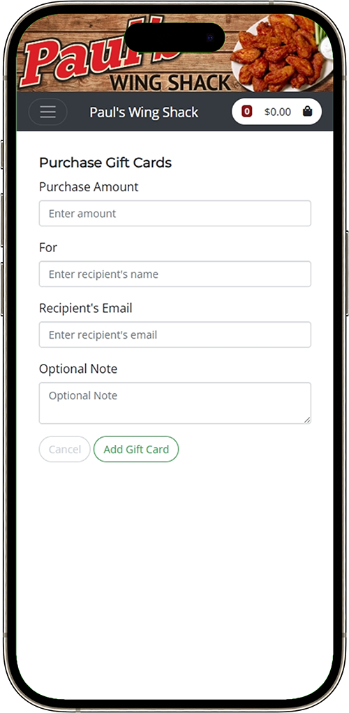 Smartphone view of BPA POS gift card form showing fields for amount, name, email, and note, demonstrating how does a digital gift card work.