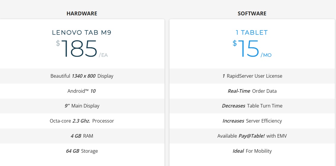 Affordable Pricing for RapidServer Hardware and Software RapidServer pricing: Lenovo Tab M9 at $185 per unit and software at $15/month per tablet, offering seamless POS solutions.