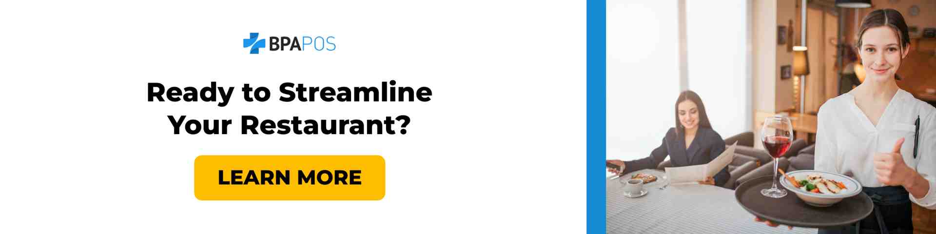 Smiling waitress serving food. Streamline your restaurant operations with a modern POS system from BPA POS.