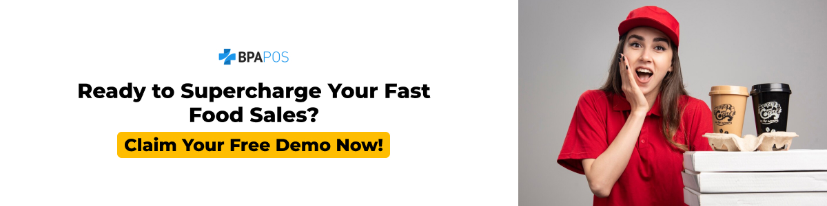 Promotional banner showing a fast food ordering system demo CTA with a staff member holding food and drink orders.