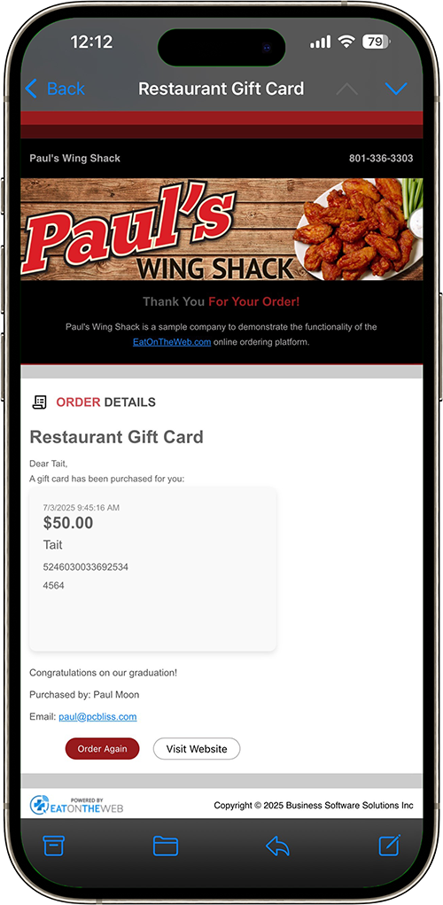 Restaurant eGift Card Email Confirmation Mobile email receipt showing Paul's Wing Shack $50 gift card via EatOnTheWeb, demonstrating digital gift card solutions.