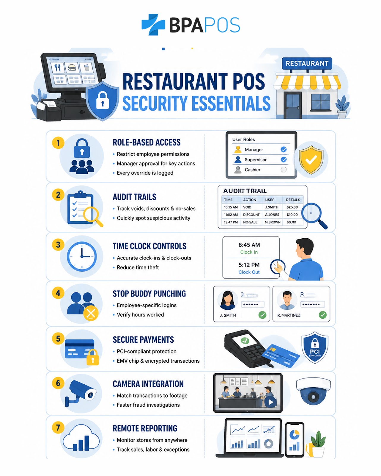 Infographic highlighting restaurant POS security essentials including access controls, audit trails, secure payments, and monitoring.