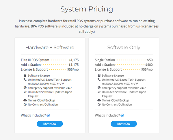 System pricing for retail POS: options include hardware + software or software only, with flexible support and no contract obligations.