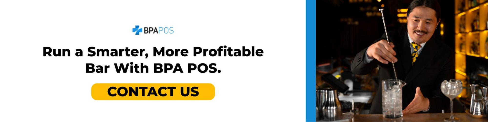 Bartender preparing a cocktail at a bar counter beside a call-to-action promoting a Bar and grill POS system for smarter operations and higher profits