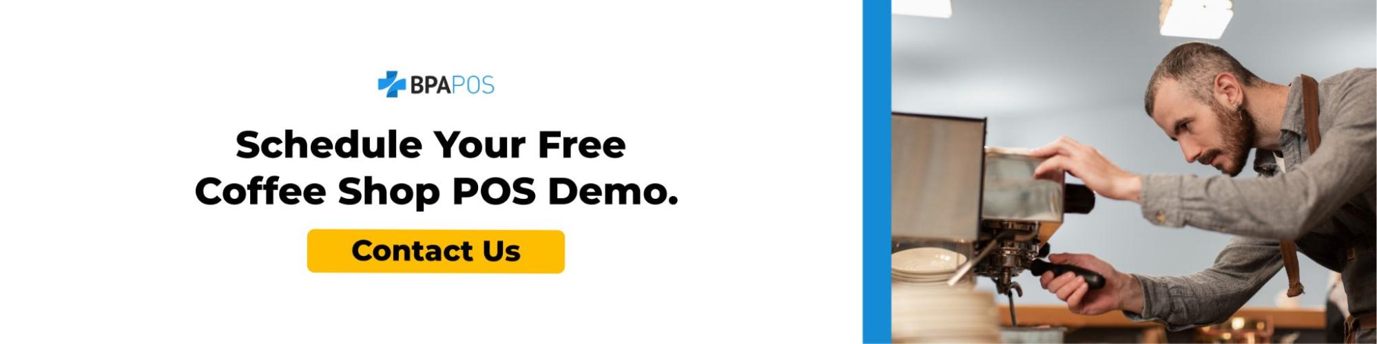 Barista preparing coffee beside POS demo message, highlighting how the best POS system for cafe operations streamlines orders, payments, and daily coffee shop workflows.