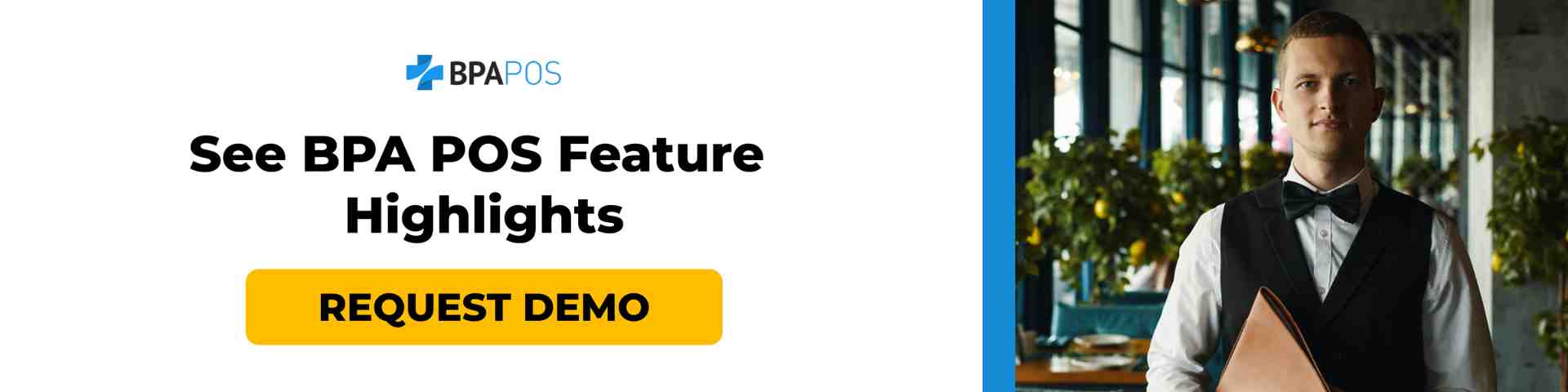 Banner promoting BPA POS feature highlights with a request demo button.