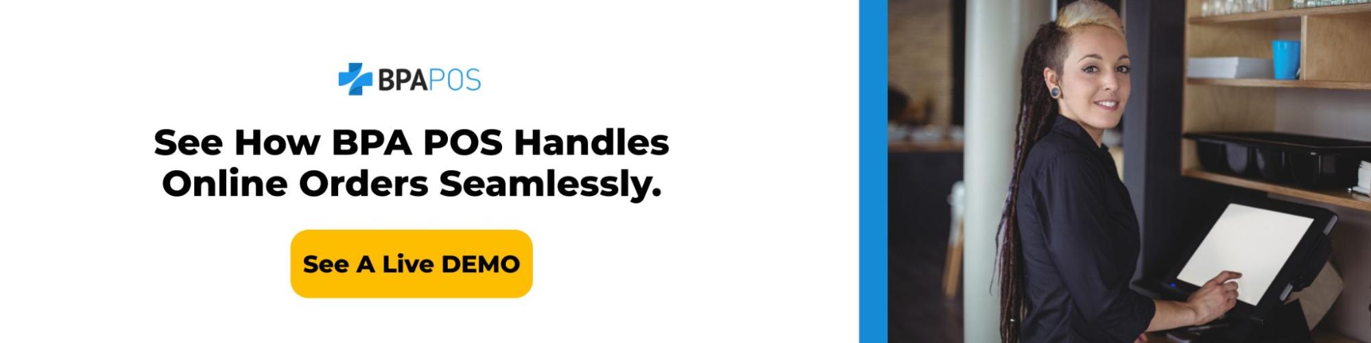 Call-to-action banner showing restaurant staff using a POS tablet, highlighting managing restaurant with online orders through BPA POS integration and live demo access