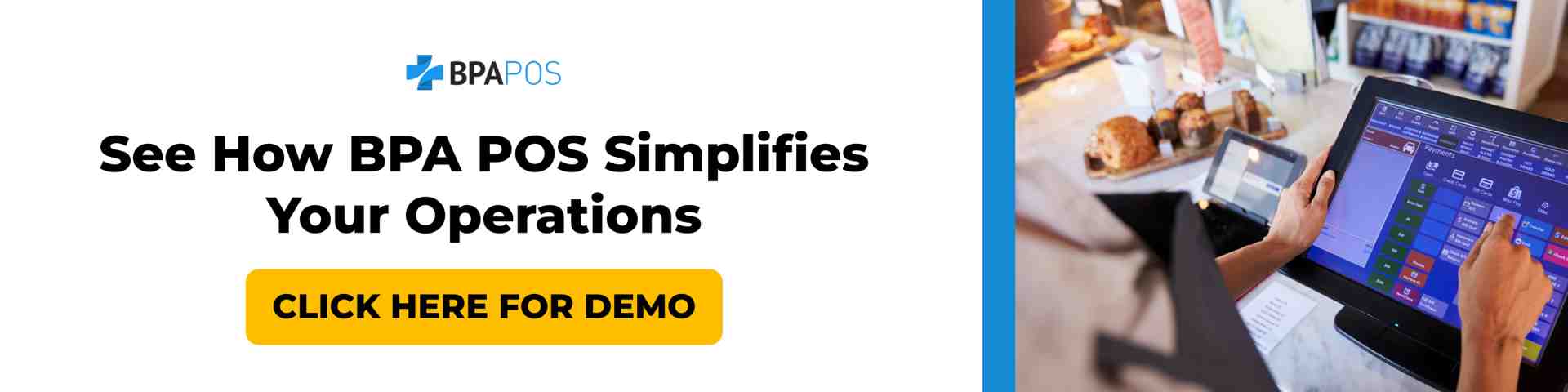 Restaurant staff using BPA POS system with demo button to show how the POS software simplifies daily operations.