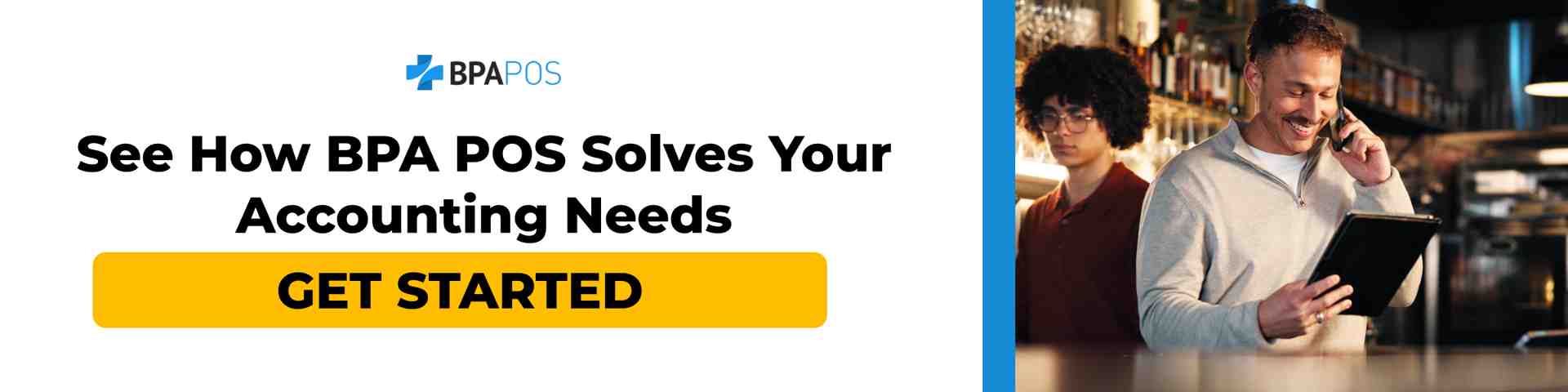Simplify Finances with BPA POS Restaurant Accounting Software A restaurant owner uses BPA POS restaurant accounting software on a tablet to efficiently manage financial and accounting tasks.