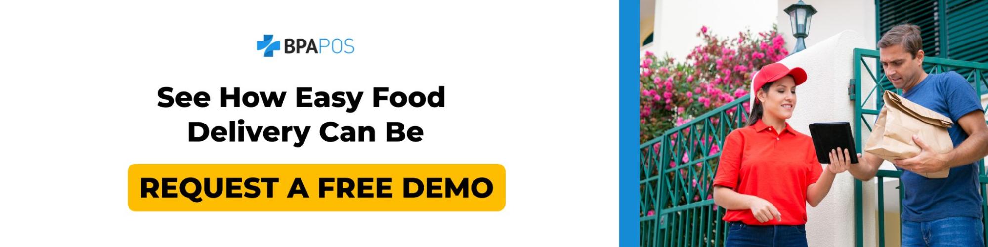 Promotional banner for BPA POS showing a delivery worker handing food to a customer, highlighting an online food ordering and delivery system with a free demo offer.