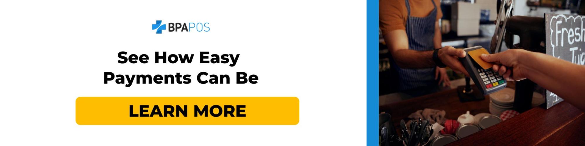 Promotional banner for BPA POS showing a customer tapping a card on a payment terminal, highlighting fast and reliable credit card processing solutions.