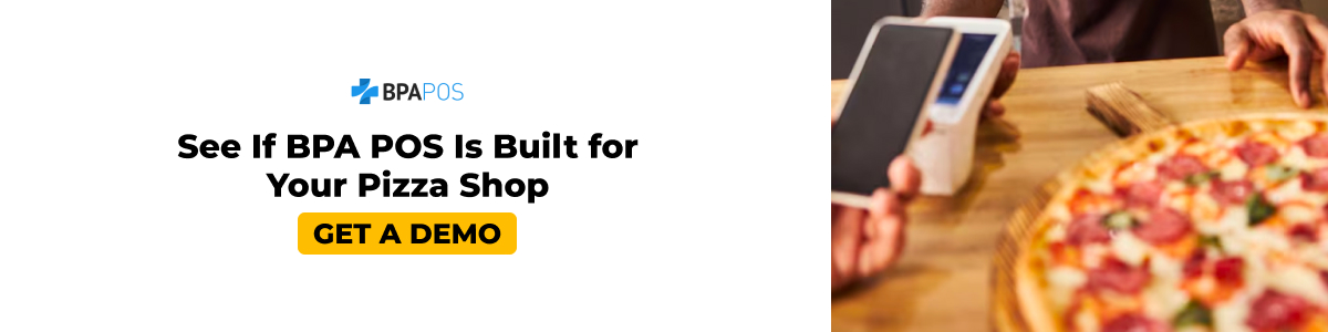 Pizza shop checkout scene with POS terminal beside a fresh pizza, showing how POS for pizzerias supports fast ordering and payments.