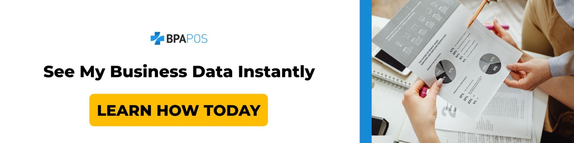 Banner showing BPA POS branding with a call to learn how to view business data instantly, promoting storeview reporting tools.