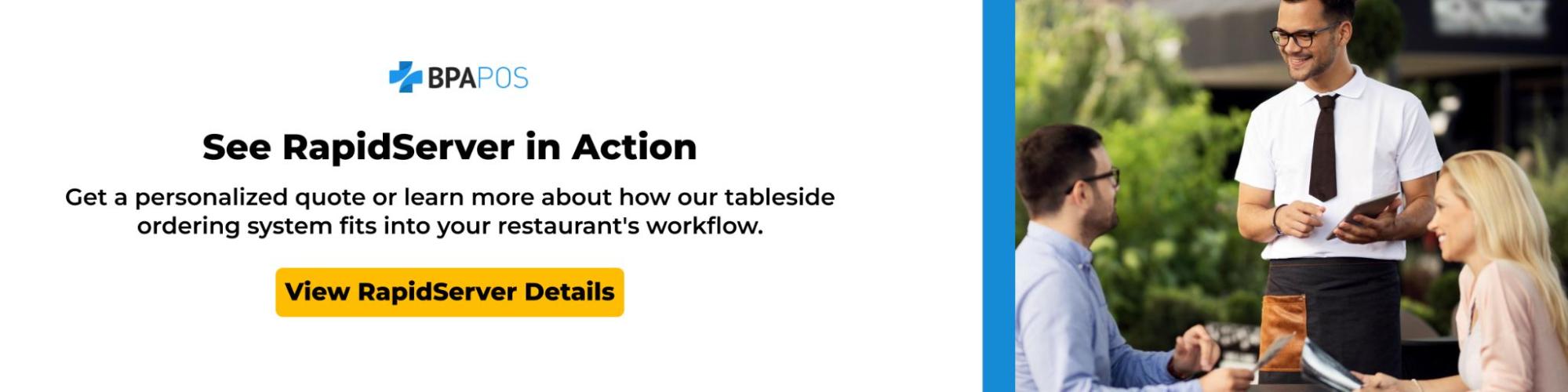 Waiter using tablet with tableside ordering system while assisting restaurant guests outdoors, showing faster service workflow.