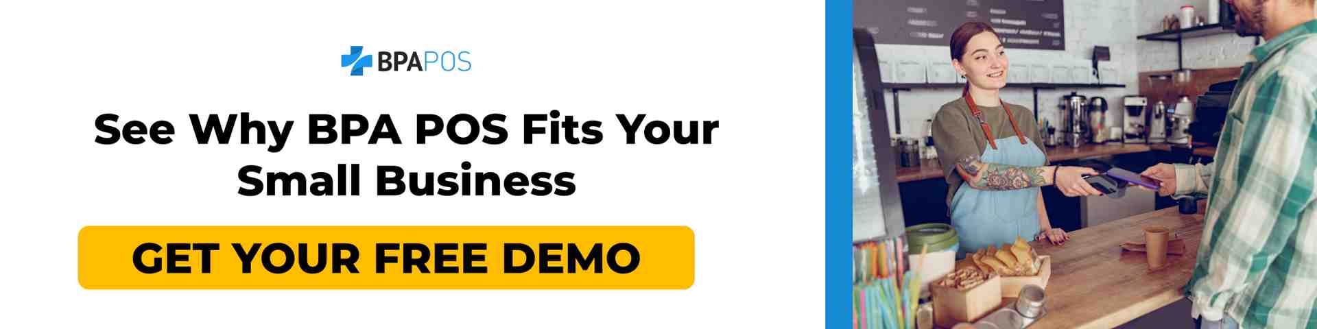 Banner showing barista taking a payment with BPA POS, highlighting free demo offer for small business POS system.