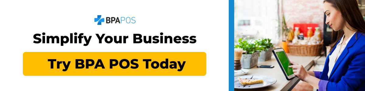 Simplify Your Business with BPA POS A woman using a tablet in a café with the text ‘Simplify Your Business - Try BPA POS Today’