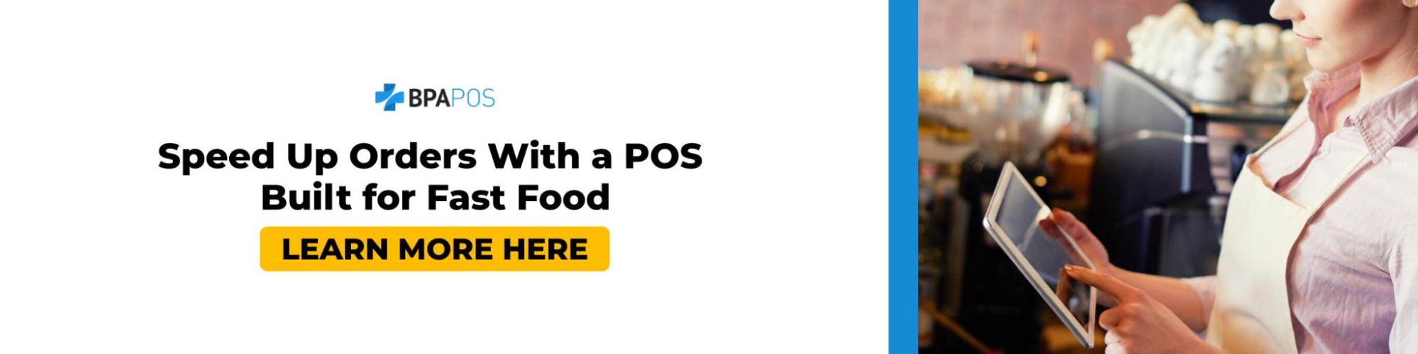 Fast food POS system used by staff on a tablet at a counter, helping speed up orders, improve accuracy, and streamline fast food service operations