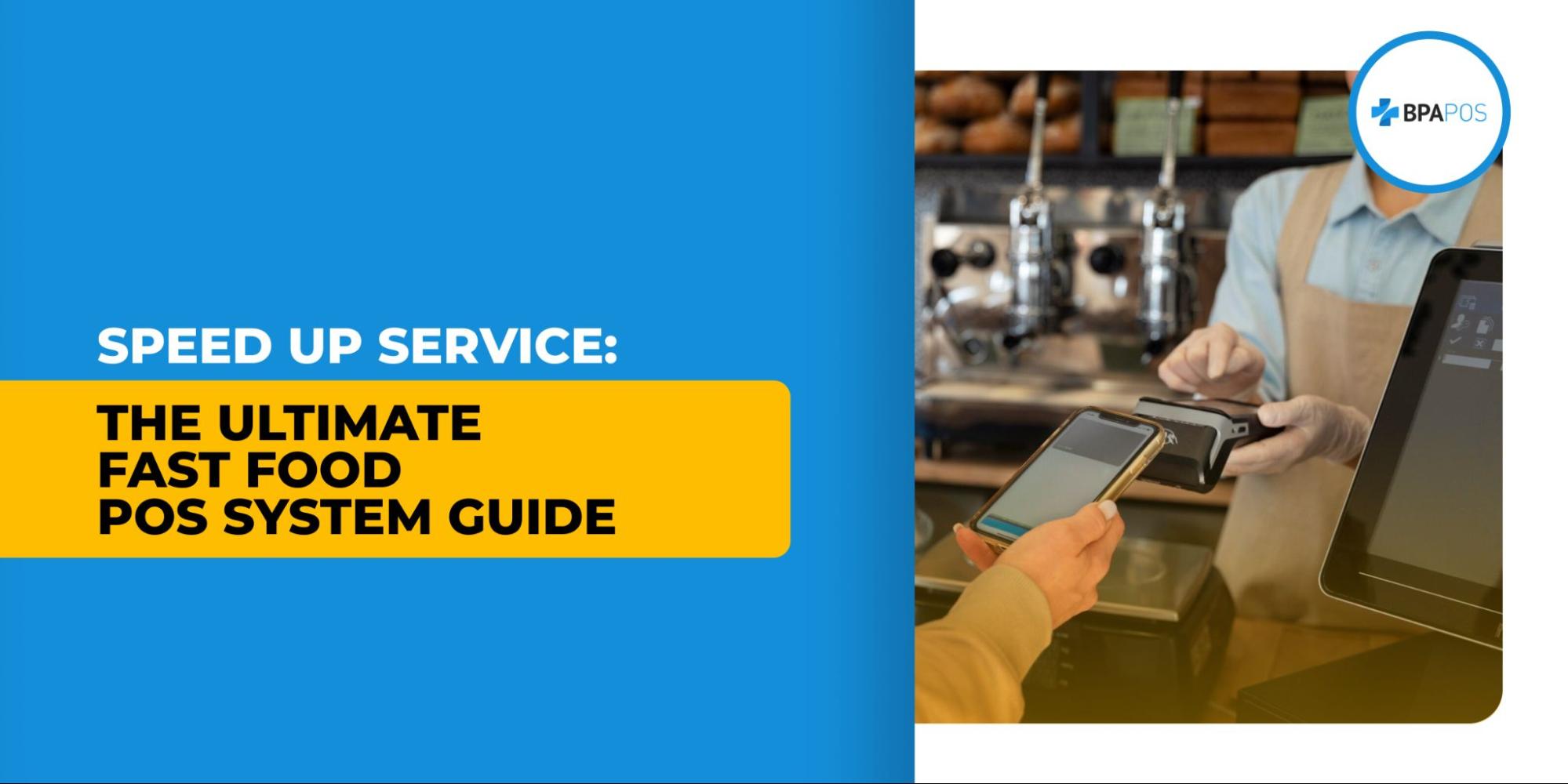 Fast food POS system in action with contactless payment at a counter, showing quick checkout, card reader, and touchscreen terminal in use