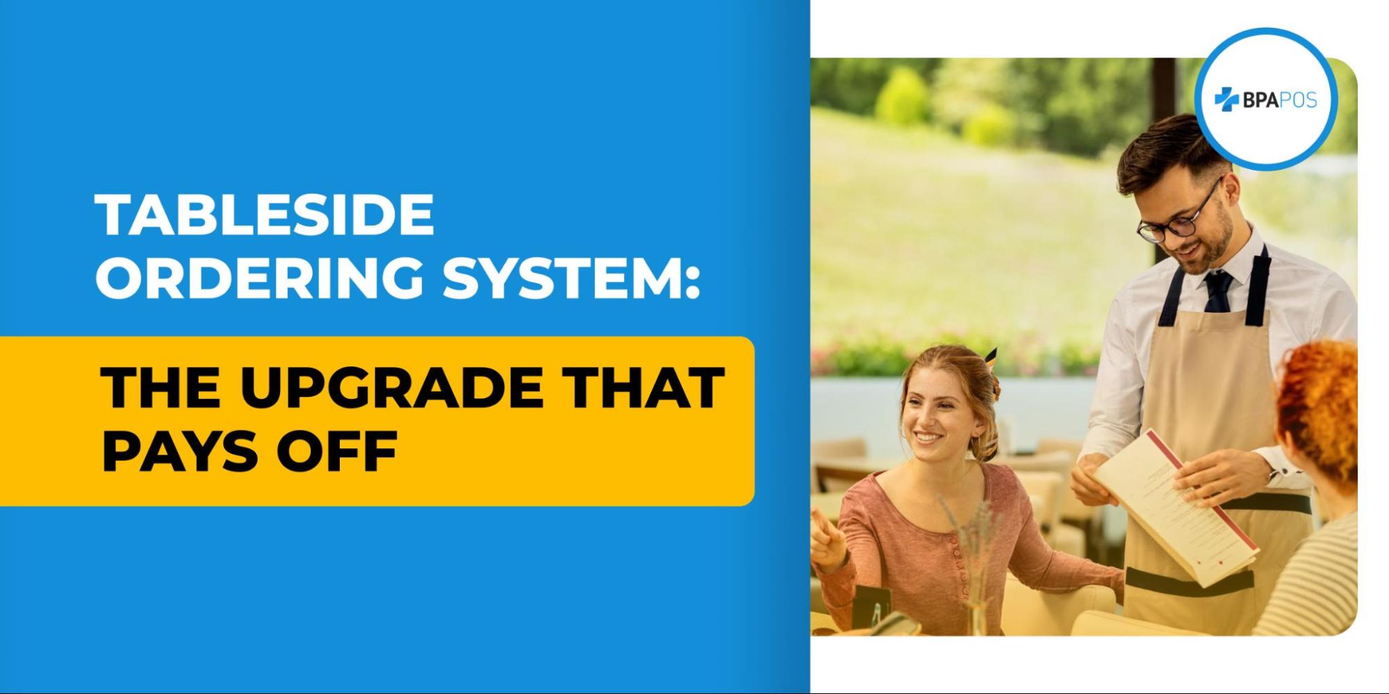 Server using tableside ordering system to take menu order from smiling restaurant guests at table, showing faster service experience.